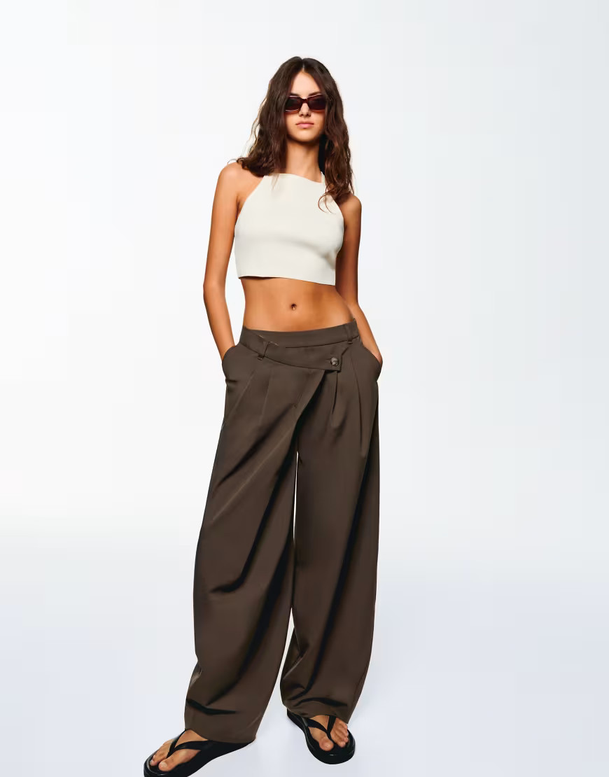 Bershka tailored fit trousers with crossover waist in beig-Brown | ASOS (Global)