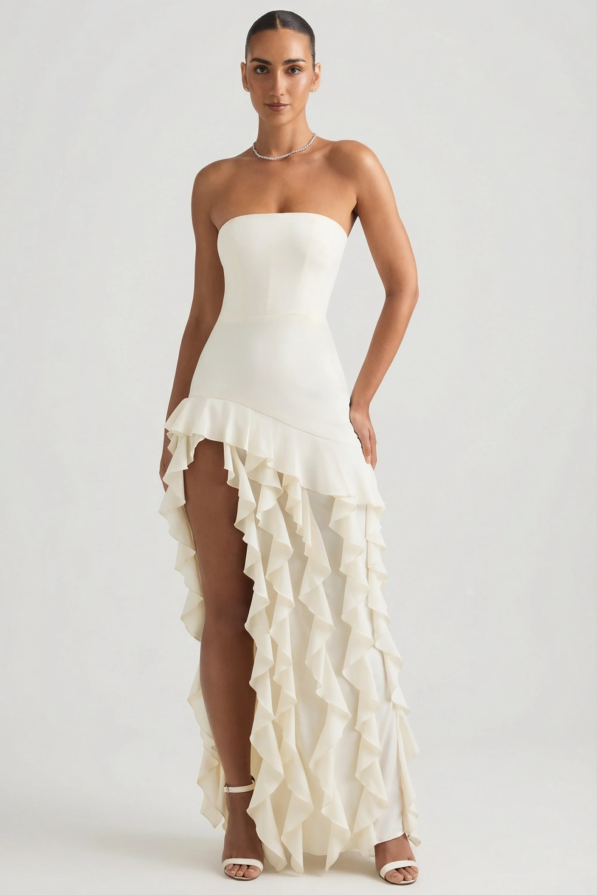 Ruffle-Trim Strapless Gown in Ivory | Oh Polly