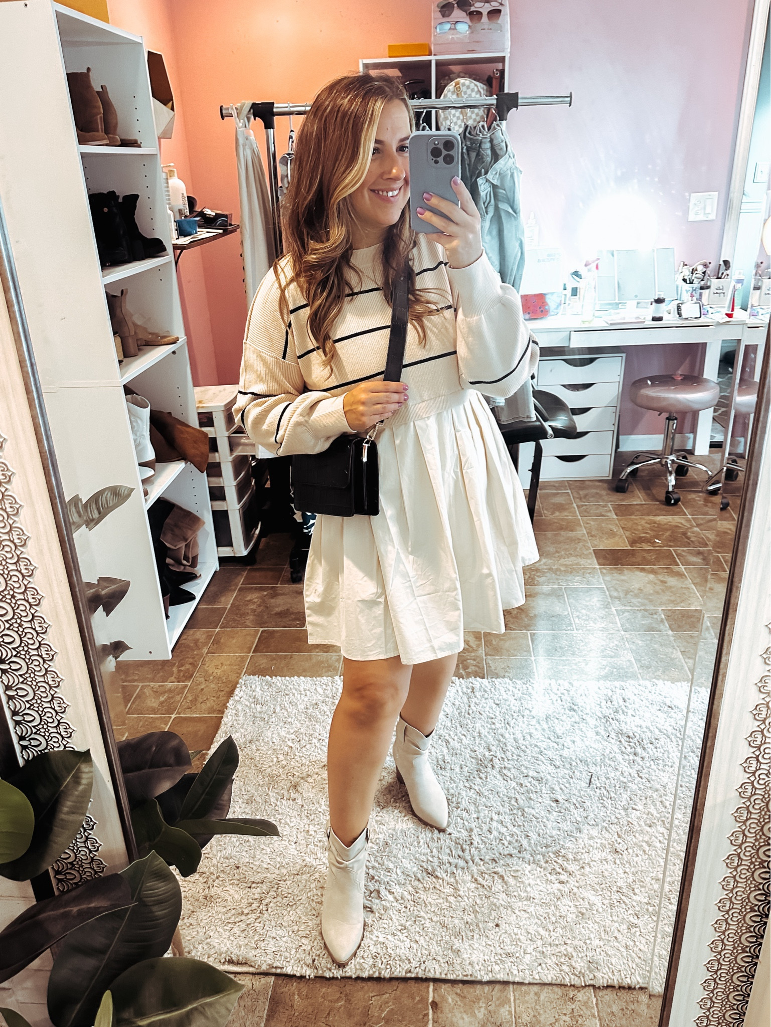 Amazon fall outfit idea. Oversized striped sweater dress and western boots. Wearing a size small 

#LTKSeasonal #LTKFindsUnder50 #LTKStyleTip