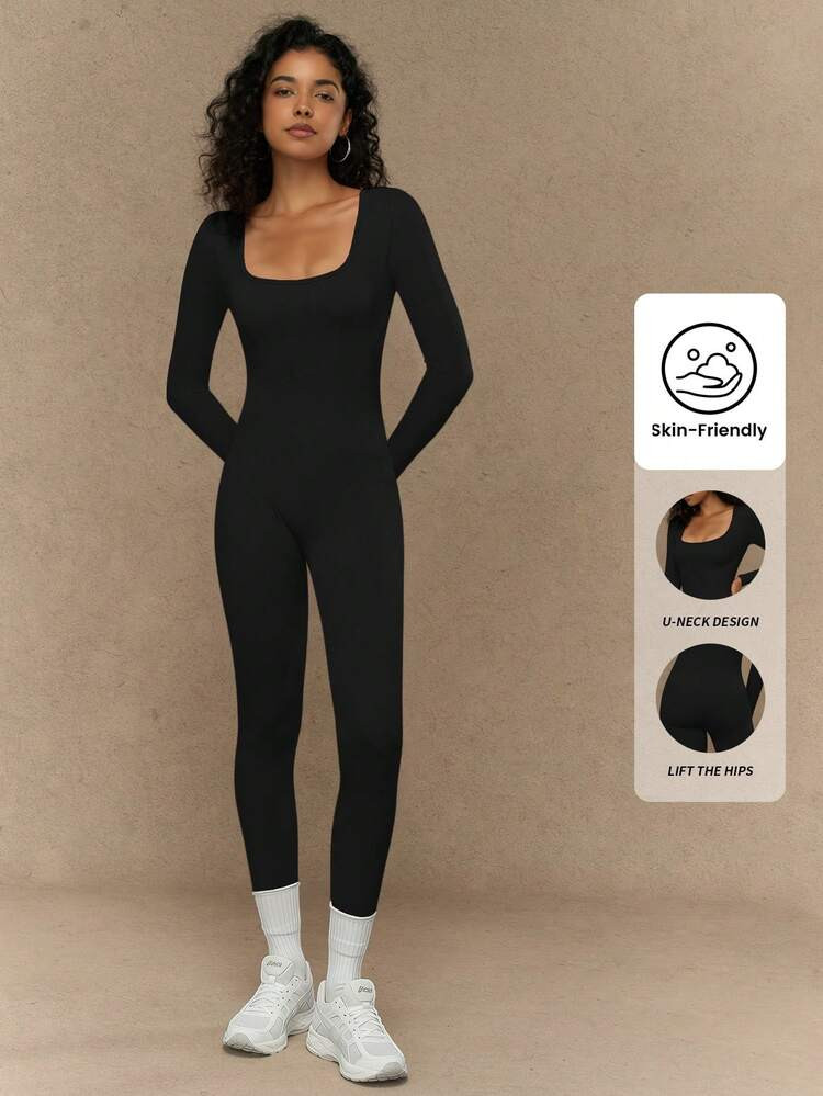 Yefecy Women Yoga Long Sleeve Jumpsuits ,Workout Ribbed Bodysuits Pants ,Square Neck Bodycon One Piece Shapewear Bodysuit | SHEIN
