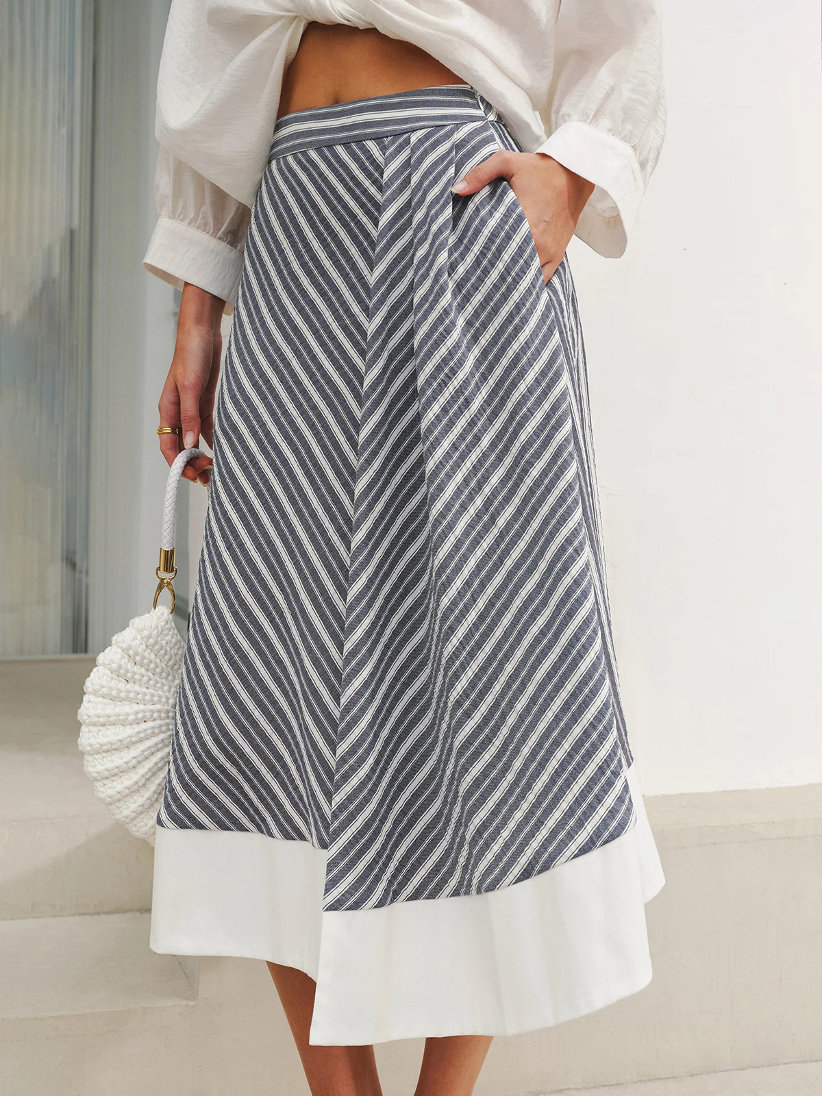 Pocket Detail Striped Midi Skirt | Commense