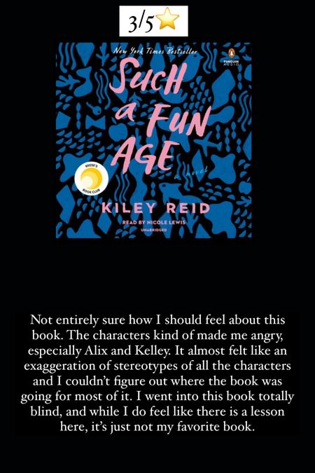 11. Such a Fun Age by Kiley Reid :: 3/5⭐️. Not entirely sure how I should feel about this book. The characters kind of made me angry, especially Alix and Kelley. It almost felt like an exaggeration of stereotypes of all the characters and I couldn’t figure out where the book was going for most of it. I went into this book totally blind, and while I do feel like there is a lesson here, it’s just not my favorite book. 

#LTKhome #LTKtravel