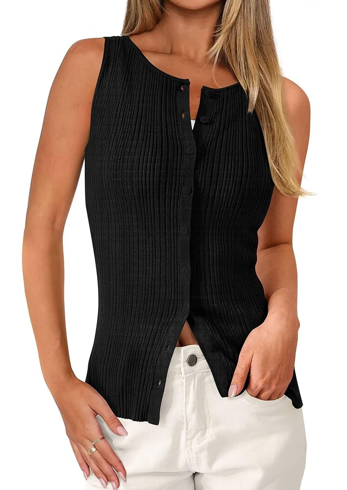 PRETTYGARDEN Womens Ribbed Tank Top Summer 2025 Open Front Button Down Sleeveless Shirts Fashion ... | Amazon (US)