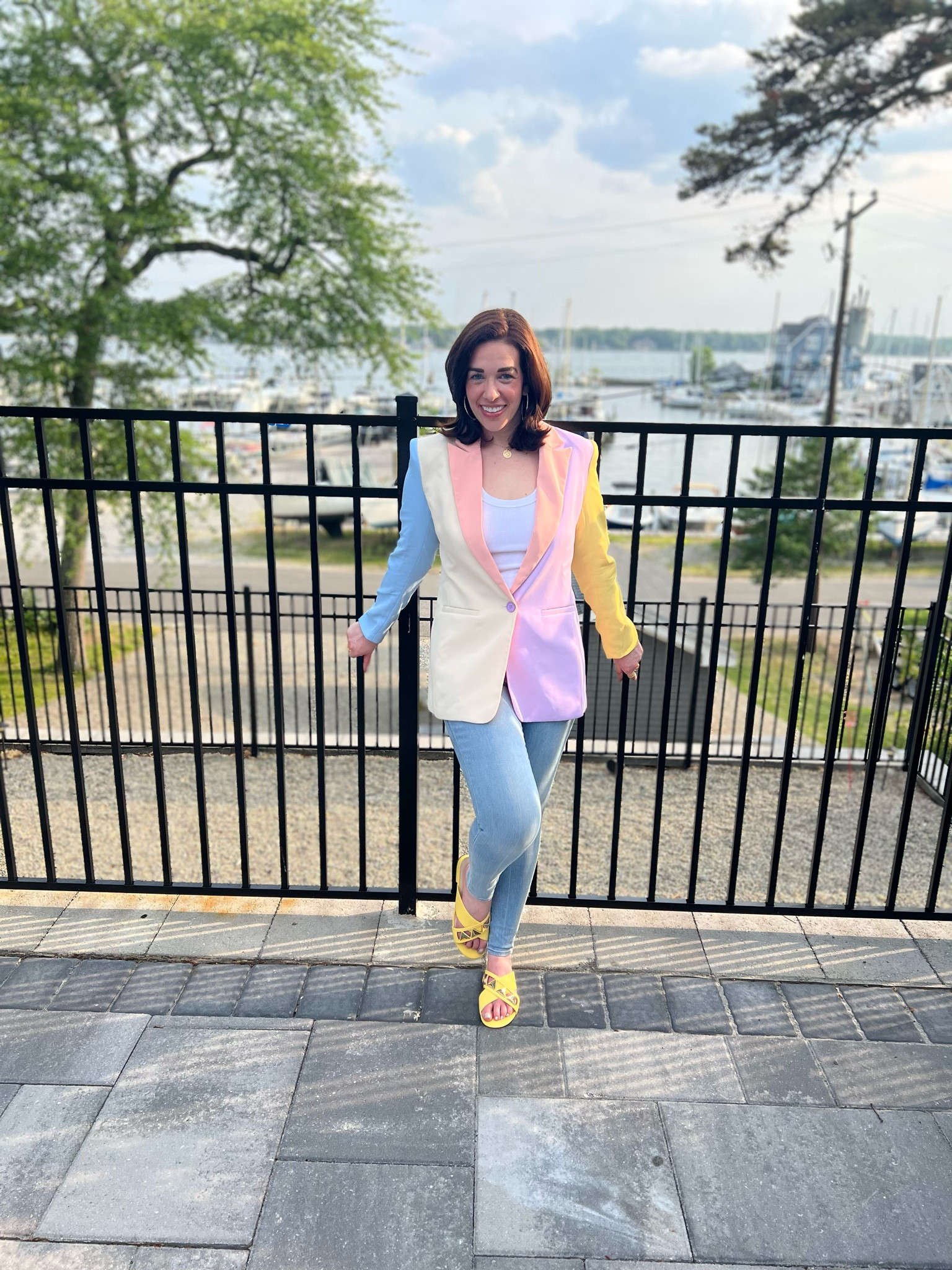 Pastel color block blazer (size small). Jeans (size 4). White cami (size small). Sandals (size 8.5). #blazer #colorblockblazer #pastelblazer #whitecami #white tank #jeans #denim #sandals #yellowsandals 

#LTKSeasonal #LTKunder100 #LTKstyletip