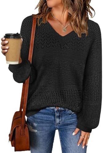 MixShe Womens Knit Sweaters 2025 Fall V Neck Long Sleeve Pullover Casual Loose Tops | Amazon (US)