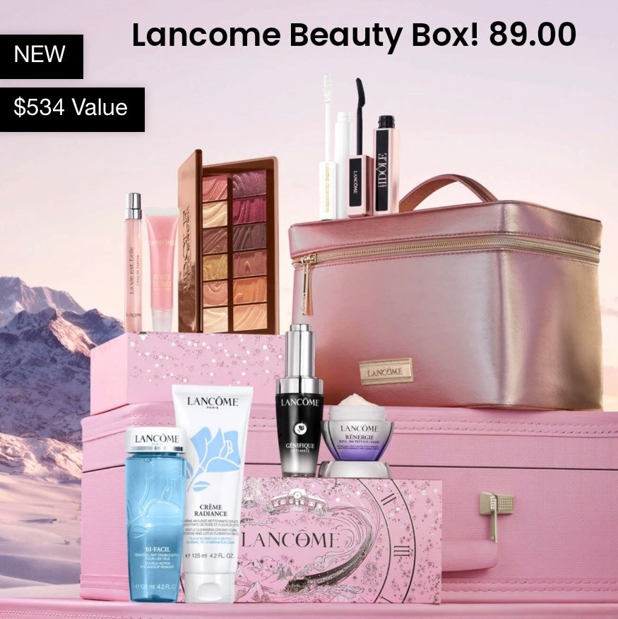 Holiday Lancome Beauty Box is here! With a 42.00 purchase you can buy the beauty box with full size products and palette in the inside.  Great for gifts, or bday presents.  Also, if you love Lancome Skincare and Beauty!!!💕💕💕