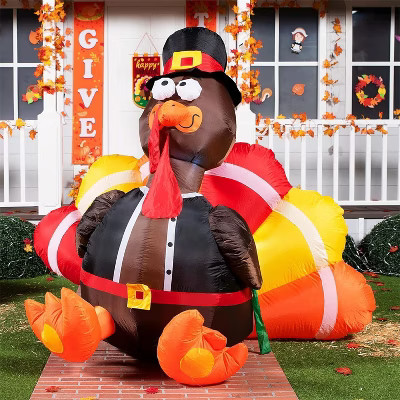Joyfy 6 FT Thanksgiving Turkey Inflatable Decorations, LED Light Up Turkey with Pilgrim Hat, Blow Up Halloween Turkey for Outdoor Yard Garden Decor | Target