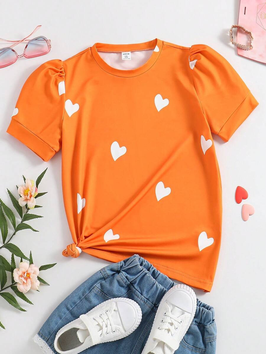 SHEIN Tween Girl Heart Print Puff Sleeve Tee | SHEIN