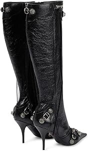 Women's Stiletto High Heel Knee High Boots with Tassel Pointy Toe Studded Zipper Booties Dress Sh... | Amazon (US)