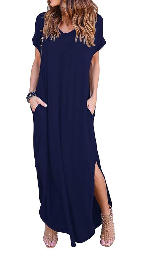 GRECERELLE Women's Casual Loose Pocket Long Dress Short Sleeve Split Maxi Dresses | Amazon (US)