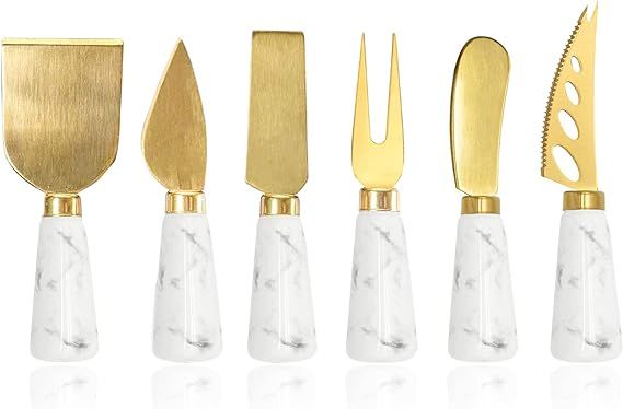 Golden Cheese Knife Set 6 Piece, Marble Handle Butter Spatula Knives, Cheese Spreader Cutter with... | Amazon (US)