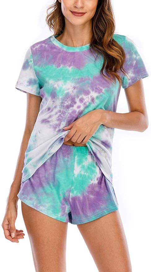 Fanuerg Women's Tie Dye Print Tee and Shorts Pajama Set Sleepwear Nightwear | Amazon (US)