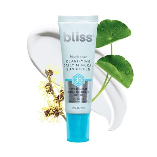 Bliss Block Star Clarifying Daily Mineral Sunscreen Broad Spectrum SPF 30, Blendable Pore Safe Formula for Blemish Prone Skin with Salicylic Acid and Witch Hazel, 1.4 Fl Oz | Amazon (US)