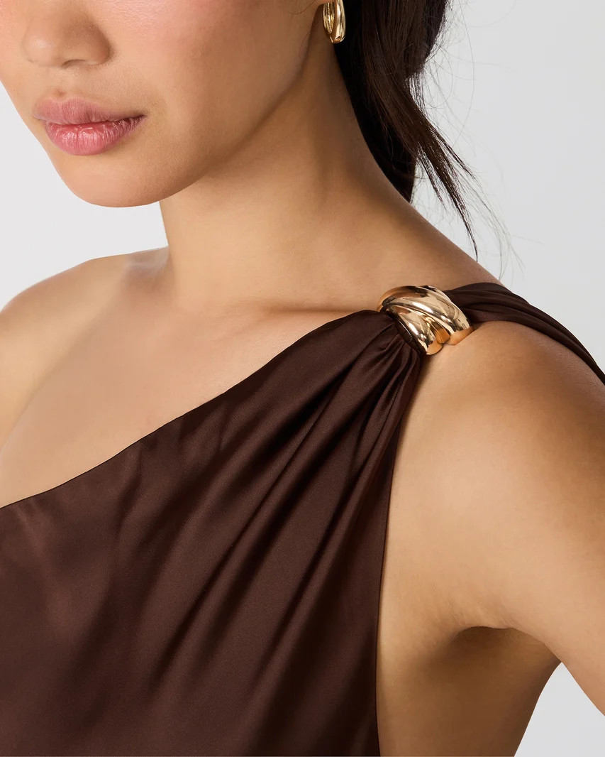 AURORAH Shaved Chocolate One-Shoulder Scarf Drape Women's Maxi Dress | Steve Madden (US)