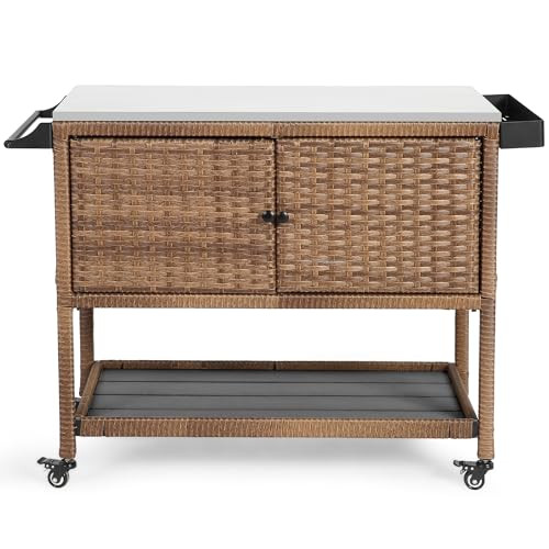 HOMEFUN Outdoor Grill Cart Kitchen Island with Storage Stainless Steel Top BBQ Prep Station Wicker Serving Bar Table with Hooks Wheels Backyard and Patio, Brown | Amazon (US)