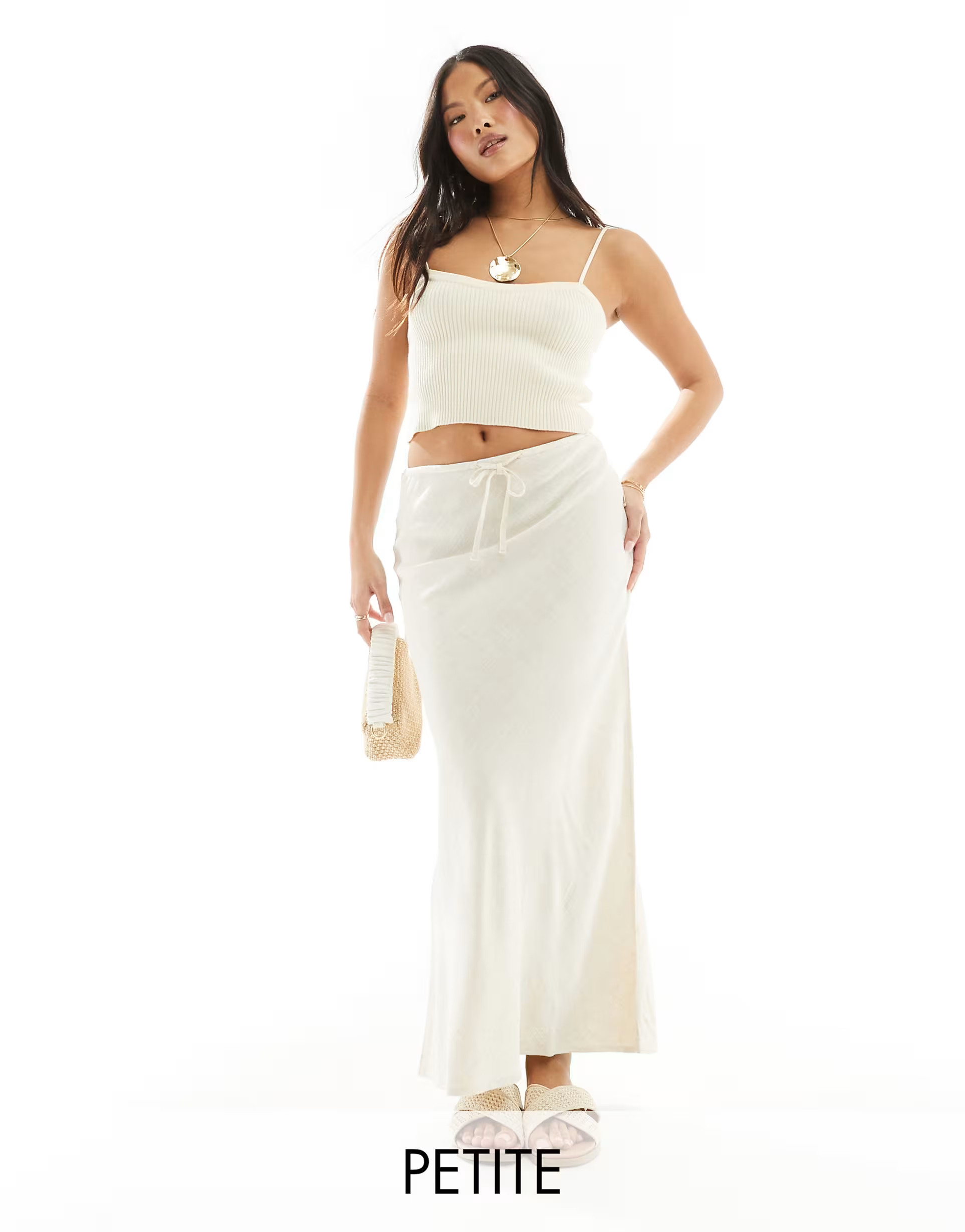 Stradivarius Petite linen look maxi slip skirt in natural | ASOS (Global)