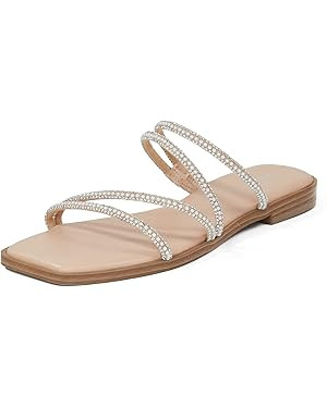 vodvob Women's Rhinestone Flat Sandals Slip on Memory Foam Sandals Open Toe Slide Sandals | Amazon (US)