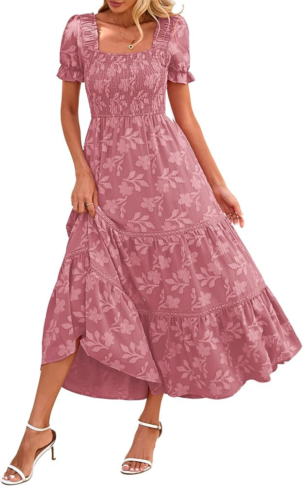 Lazysmile Women's Summer Boho Floral Maxi Dress Short Sleeve Square Neck Smocked Ruffle Elegant W... | Amazon (US)