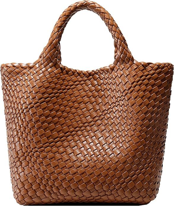 Woven Bag for Women, Vegan Leather Tote Bag Large Summer Beach Travel Handbag and Purse Retro Han... | Amazon (US)