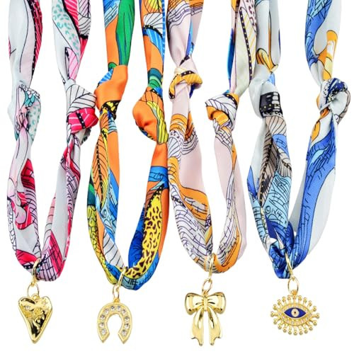 eswala Scarf Necklace with Charm 4pack Silk Styling Scarf Charm Necklace for Women Bandana Necklace with Charms Adjustable Tie Statement Choker Jewelry for Birthday Mothers Day Christmas Teacher Lady | Amazon (US)