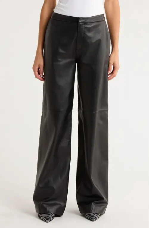 L'AGENCE Livvy Straight Leg Lambskin Leather Trousers in Black at Nordstrom, Size 8 | Nordstrom