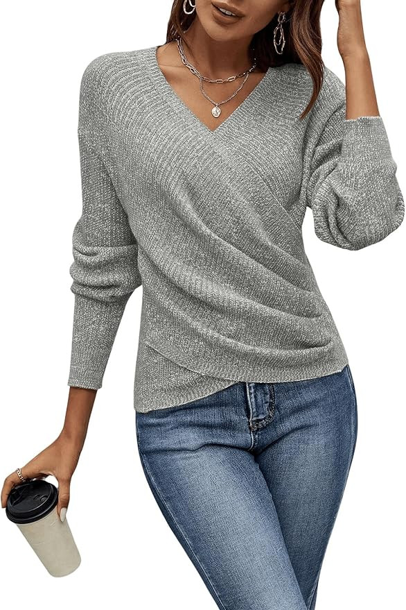 SOLY HUX Women's V Neck Long Sleeve Off Shoulder Sweaters Criss Cross Wrap Ruched Pullover Fall T... | Amazon (US)
