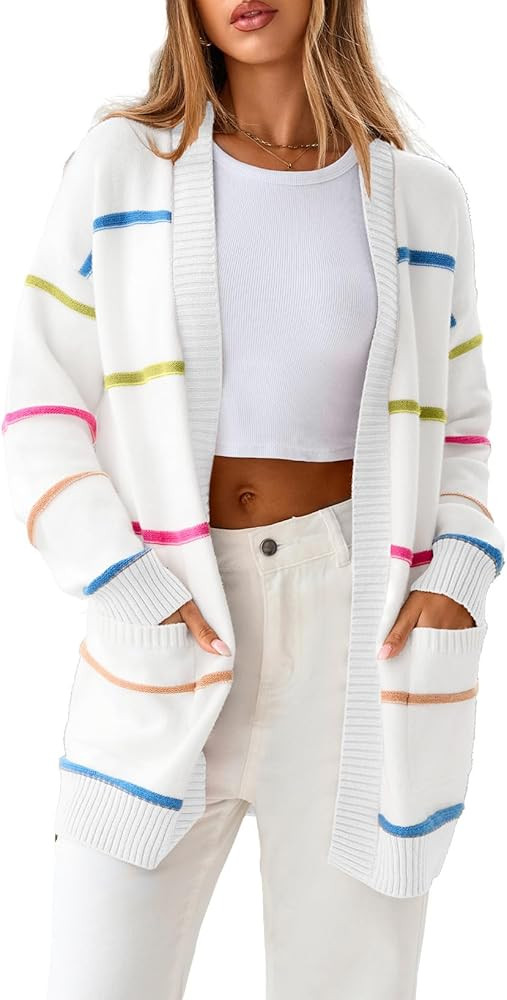 Sidefeel Cardigan Sweaters for Women Lightweight Striped 2025 Long Sleeve Open Front Loose Knit S... | Amazon (US)