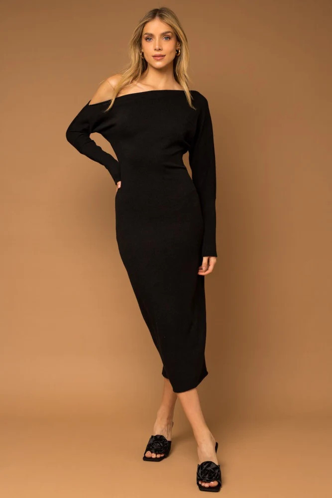 Black Off Shoulder Long Sleeve Midi Dress | PinkBlush Maternity