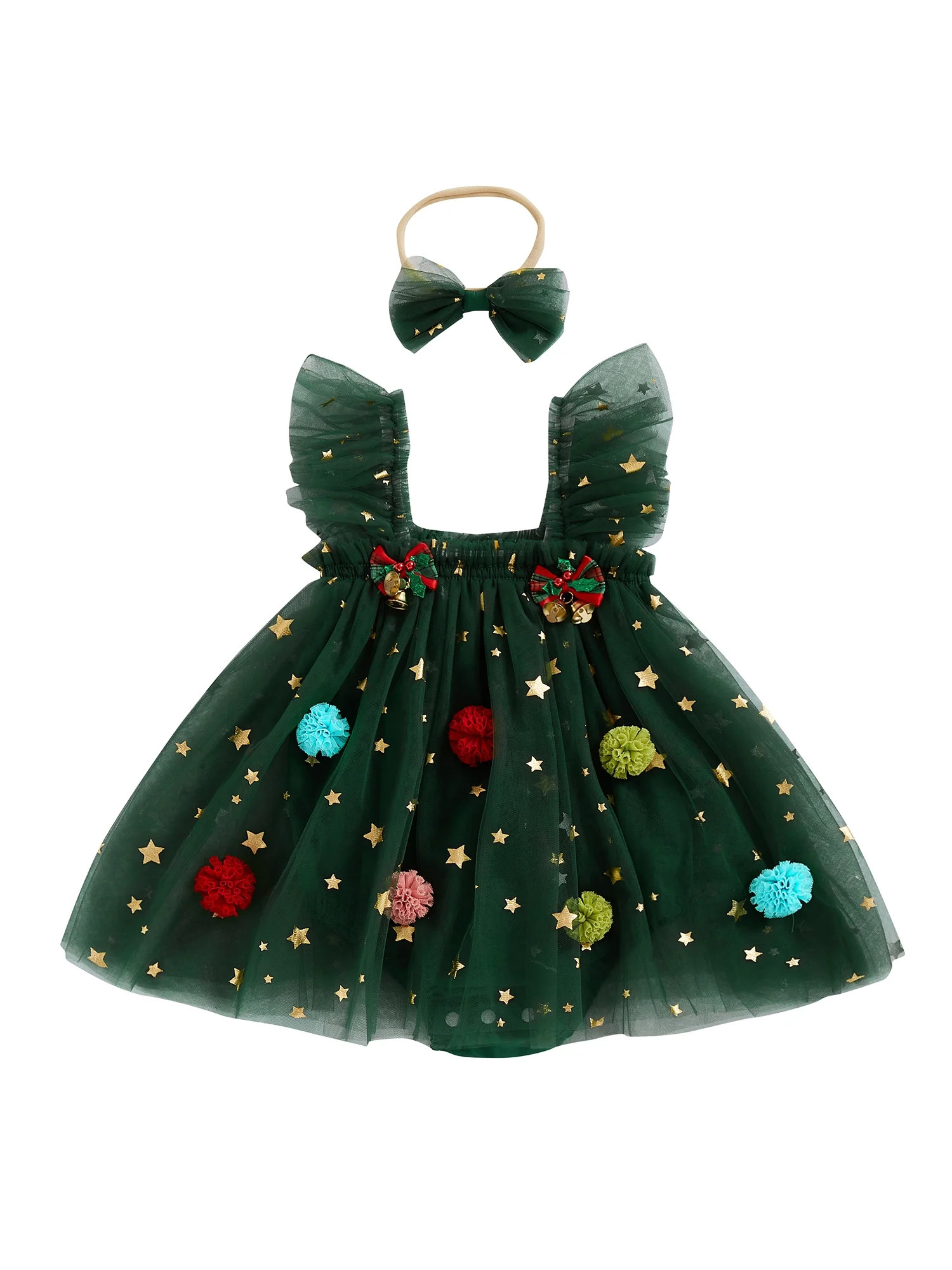 Infant Baby Girls Christmas Rompers Dress Bobbles Bells Decor Mesh Sleeveless Bodysuits with Head... | Walmart (US)