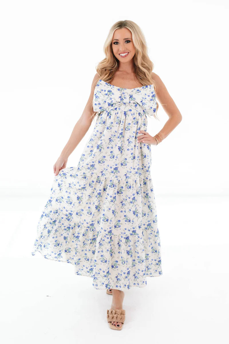 Beautiful Brunch Midi Dress - Cream/Blue | The Impeccable Pig
