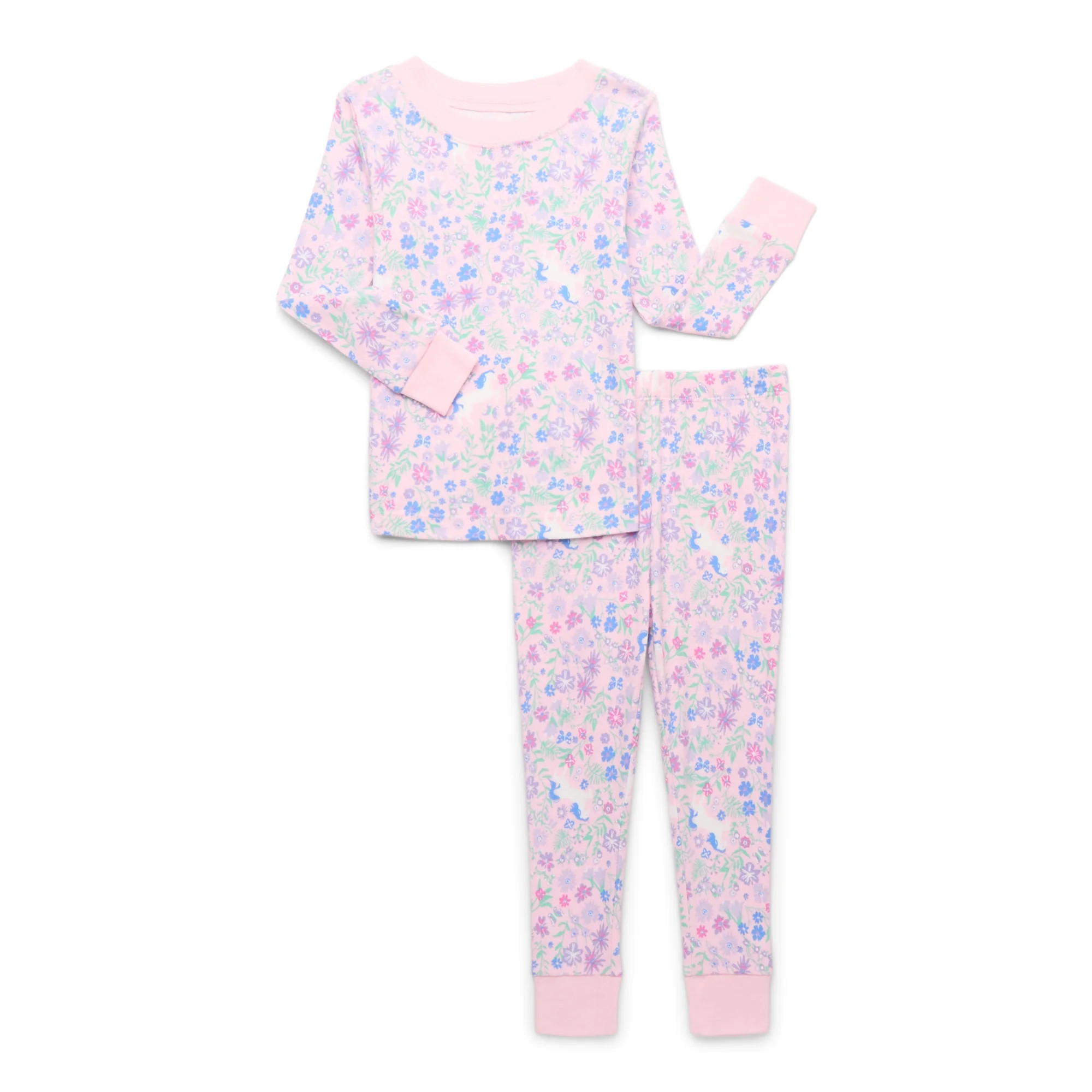 Wonder Nation Toddler Cotton Long Sleeve Sleep Tee and Pants Pajama Set, 2-Piece, Sizes 12M-5T | Walmart (US)