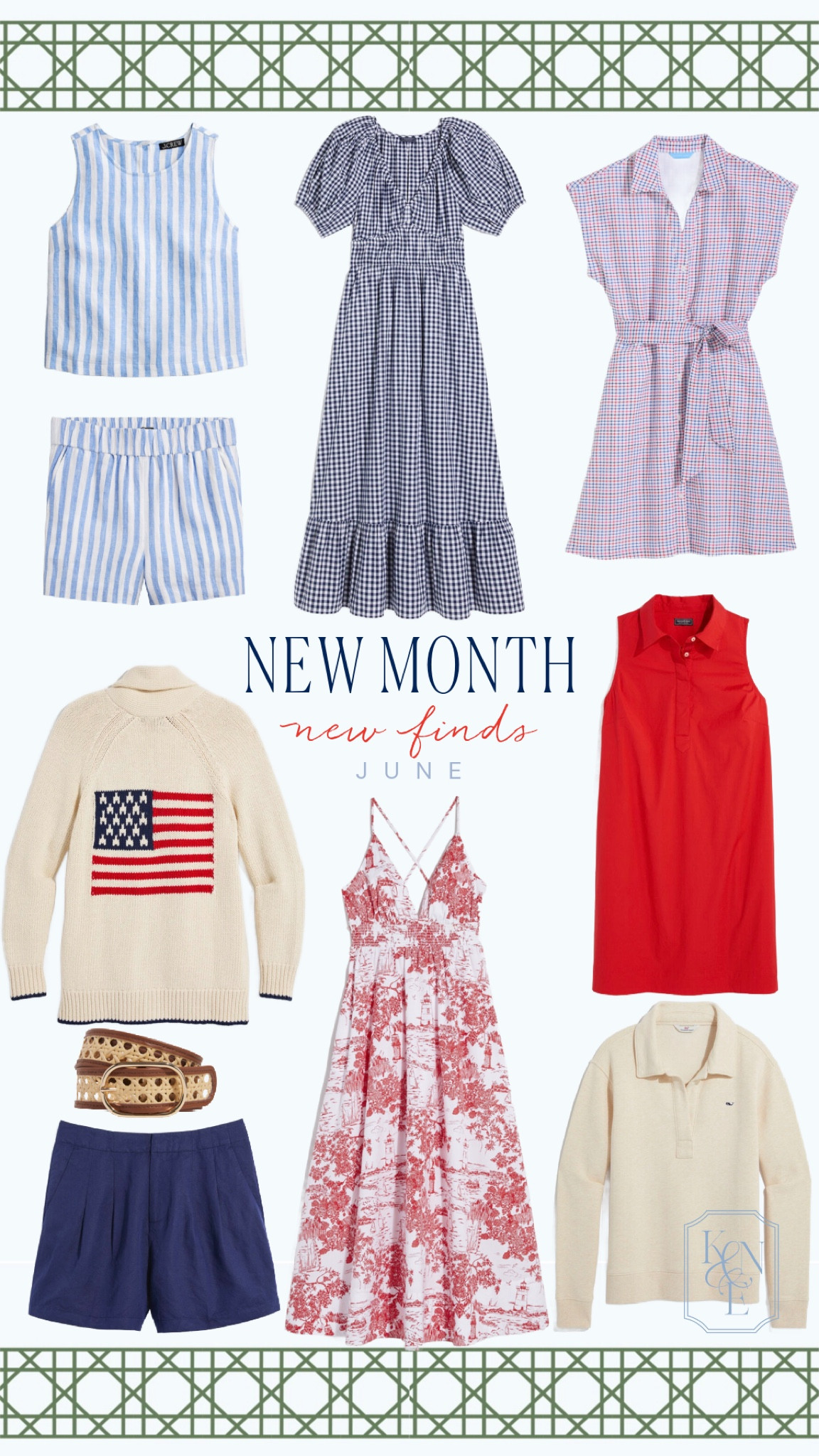 New summer outfit finds for June, flag cardigan, red sleeveless dress, red toile sun dress, cane belt, navy skirt shorts, quarter zip sweatshirt, Americana plaid dress, gingham dress, blue and white striped tank and matching shorts linen blend. 