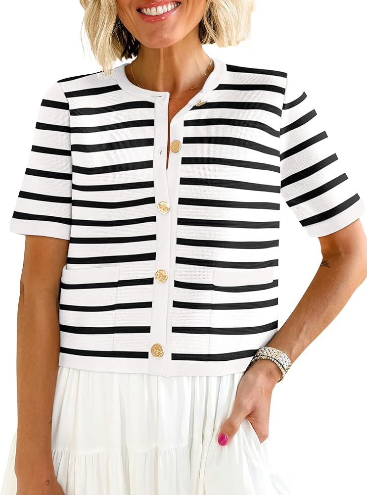 ANRABESS Women's Short Sleeve Cardigan Sweaters Summer Casual Crew Neck Knit Striped Button Down ... | Amazon (US)
