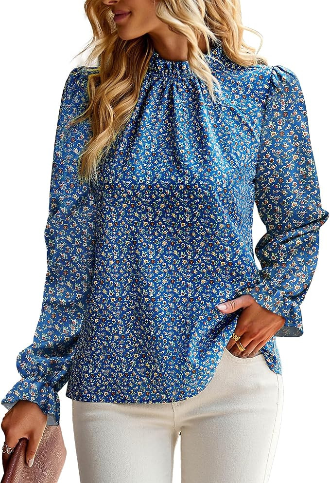 BTFBM Womens Long Sleeve Blouses Spring Summer 2024 Casual Boho Tops Frill Trim Mock Neck Floral ... | Amazon (US)