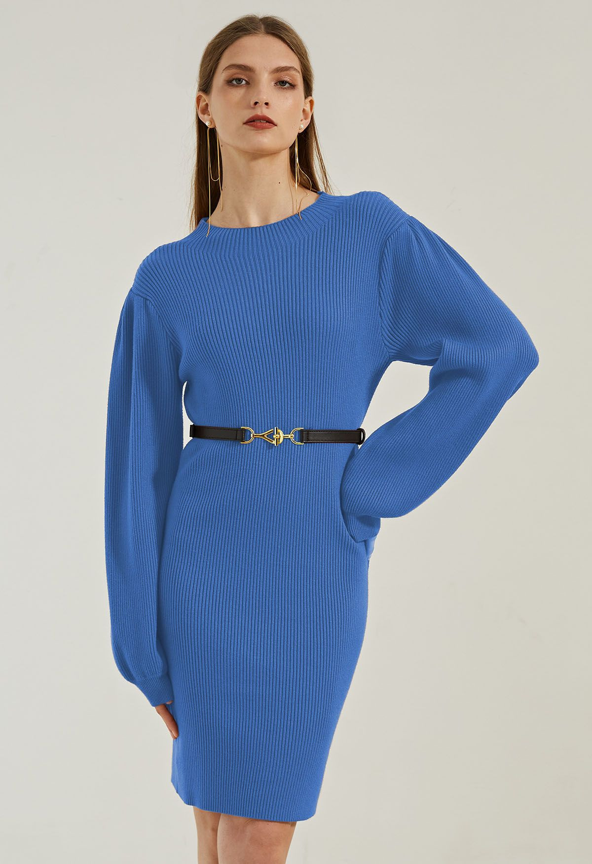 Lantern Sleeve Round Neck Ribbed Sweater Dress in Indigo | Chicwish