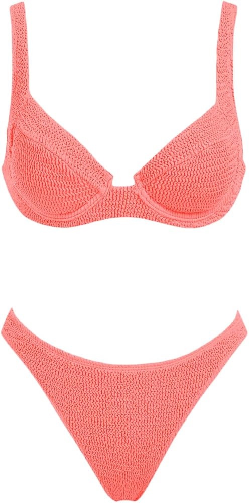 Women's Triangle Bikini Set Textured Push Up Underwire Solid Cheeky Two Piece Swimsuit Bathing Su... | Amazon (US)