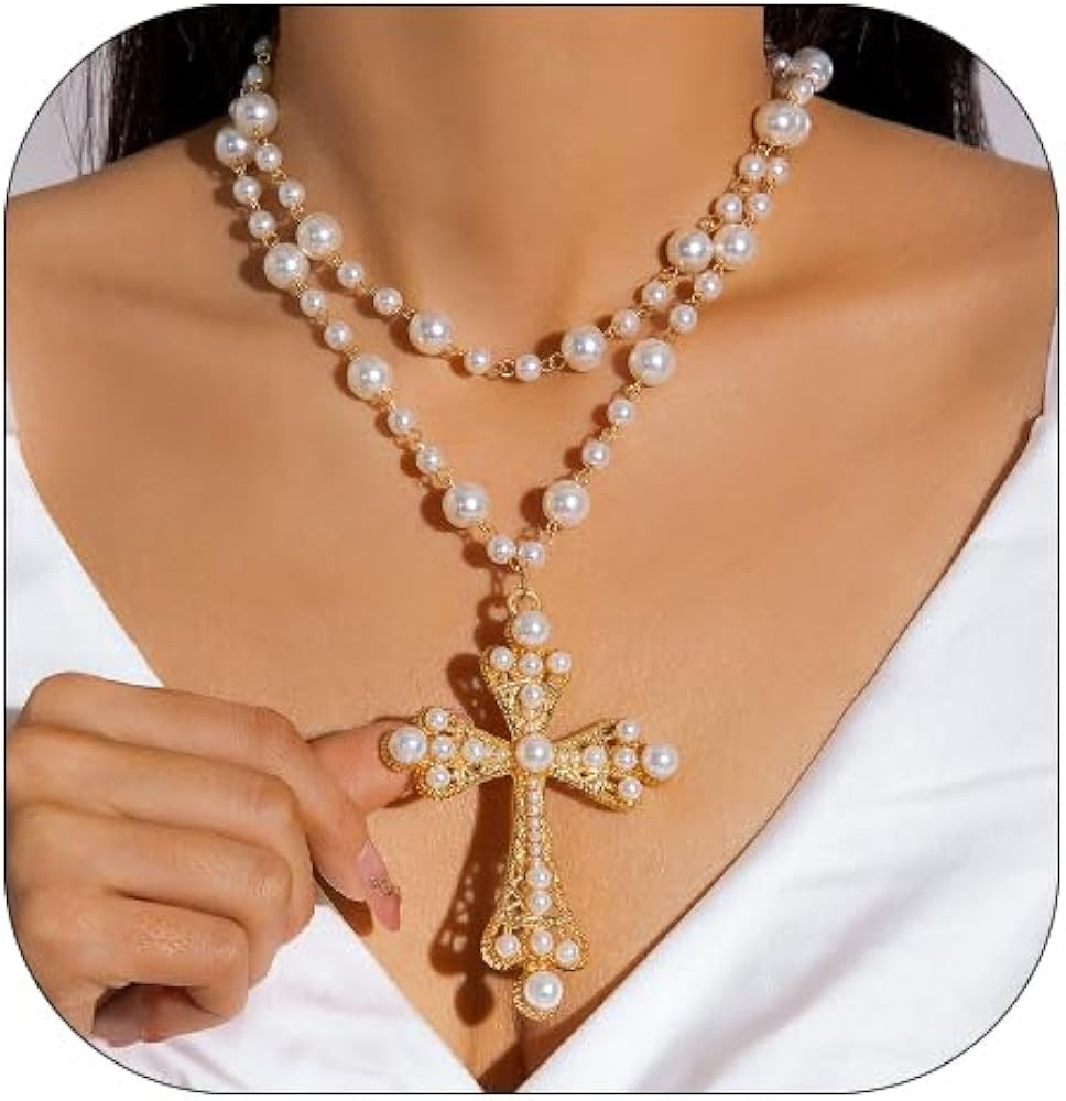 Gothic Cross Necklace for Women Exaggerate Big Pearl Beaded Cross Statement Necklaces Sparkling C... | Amazon (US)