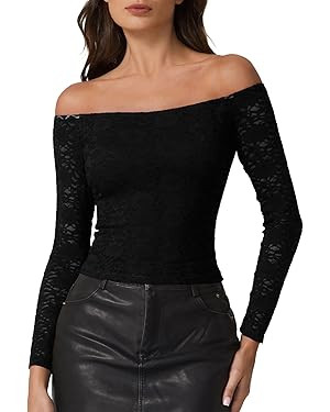 QINSEN Womens Lace Trim Off Shouder Top Long Sleeve Double Lined Y2k Trendy T Shirts | Amazon (US)