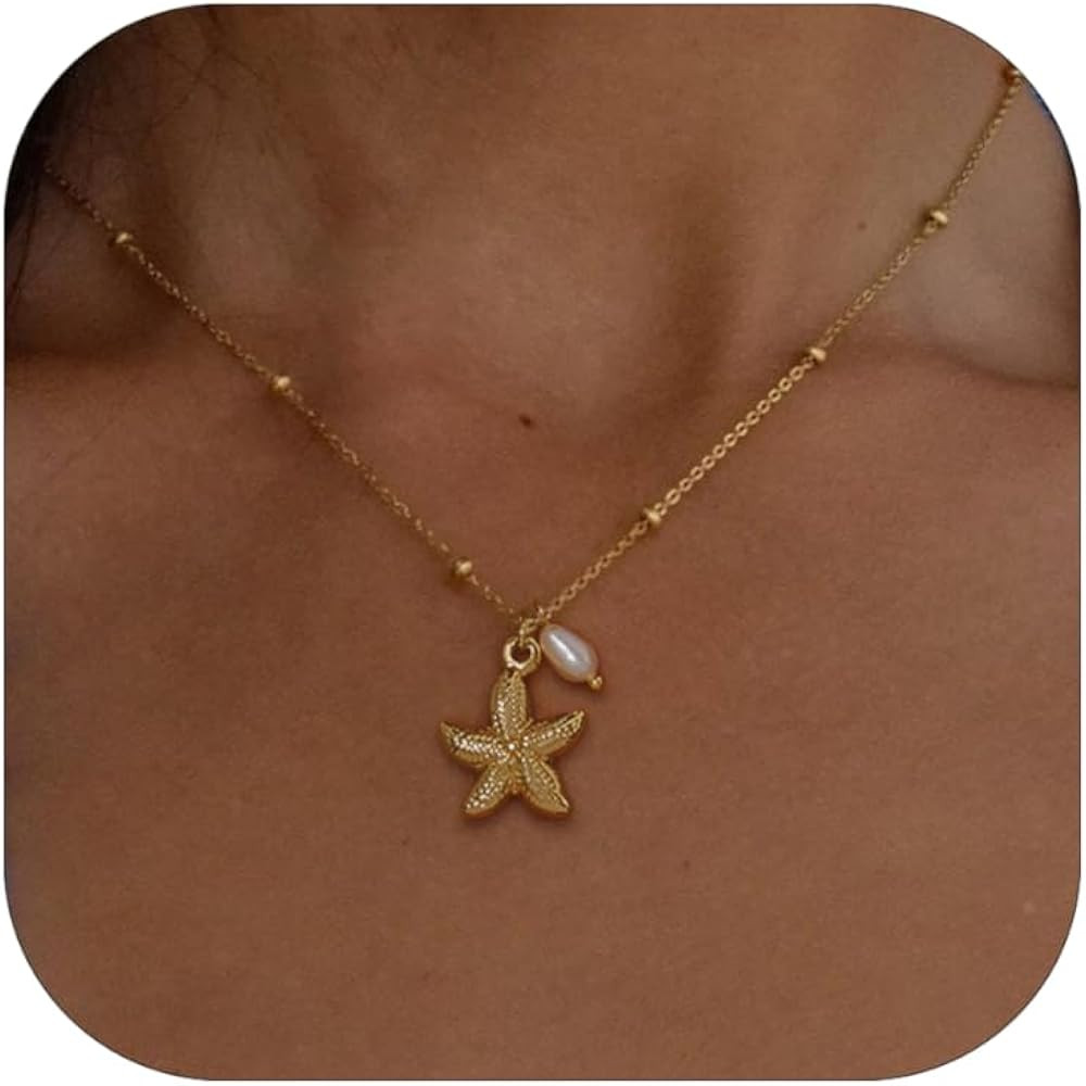 Ewrkbr Gold Necklace for Women,14K Gold Plated Shell Starfish Beach Necklaces Cute Boho Pendant N... | Amazon (US)