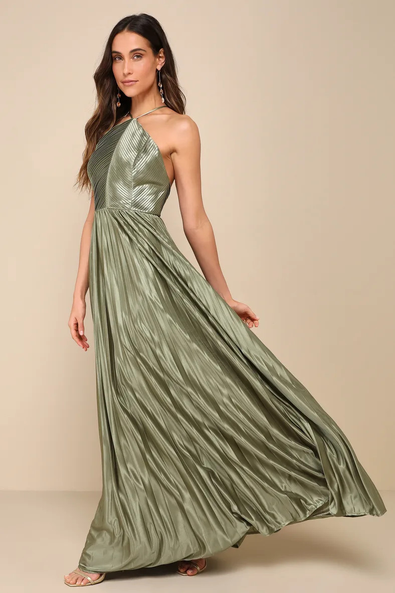 Elaborate Charm Olive Green Satin Pleated Backless Maxi Dress | Lulus