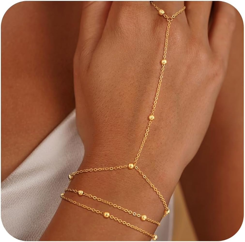 14k Gold Plated Hand Chain for Women,Trendy Ring Bracelet Hand Chain Non Tarnish Beaded Cubic Zir... | Amazon (US)