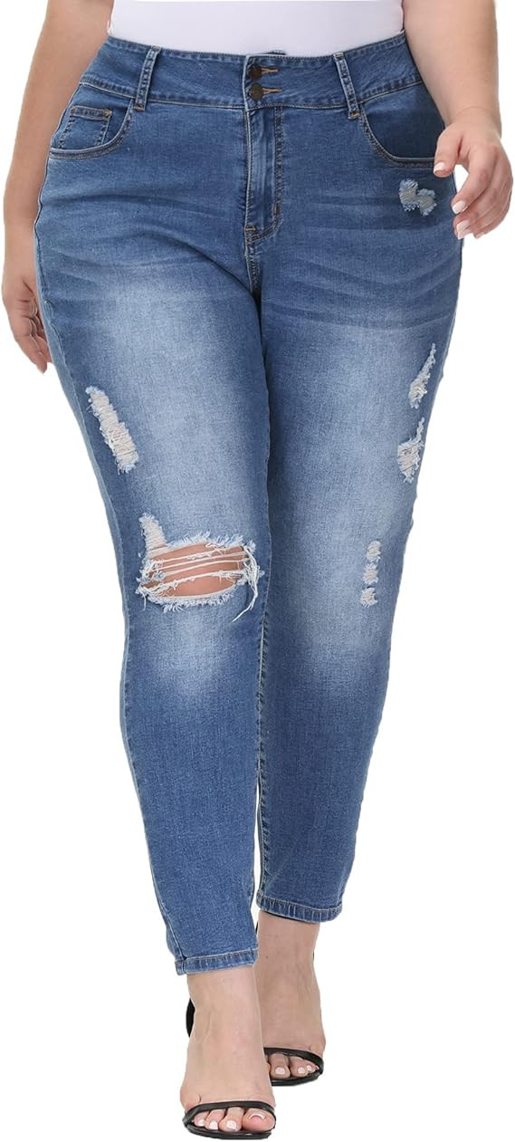 Gboomo Womens Plus Size High Waisted Jeans Ripped Skinny Stretchy Ankle Jean | Amazon (US)