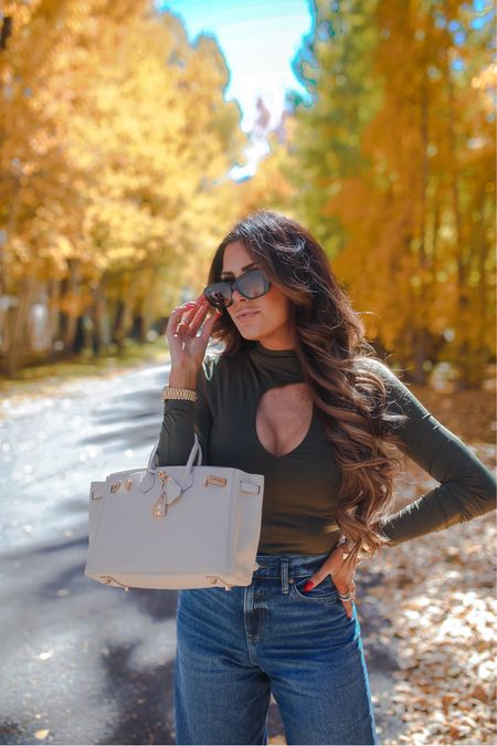 Fall Outfits, Fall Jeans, High Waisted Jeans, Fall Bodysuit, Bodysuit, Emily Ann Gemma, White Booties, Nude Handbag, Square Hoop Earrings, Affordable Sunglasses, Express Fall Fashion

#LTKSeasonal