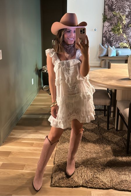 Wearing xs in lace romper- it’s sheer, so keep that in mind! I wore nude underwear + nippies (it’s backless) and it was fine. Wearing s/m in hat. Boots & scarf are old, but linking similar! Perfect western look for a country concert! 

#LTKStyleTip #LTKSaleAlert #LTKFindsUnder100