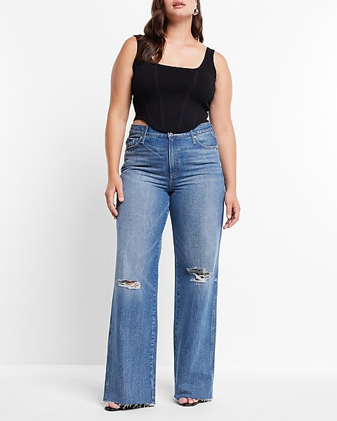 High Waisted Medium Wash Ripped Wide Leg Jeans | Express