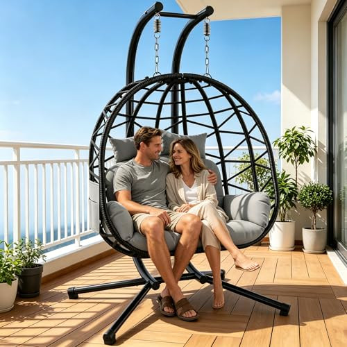 Suteck Double Hanging Egg Chair with Stand, Egg Swing Chair with Cushion,Outdoor Indoor 2 Person Wicker 700lbs Capacity for Patio, Bedroom, Garden - Black | Amazon (US)