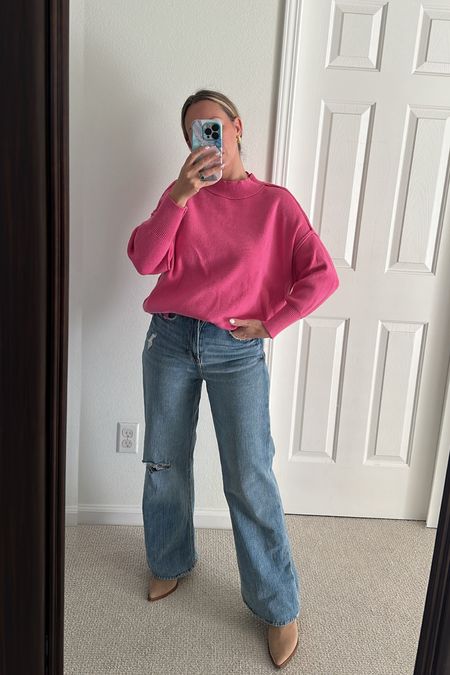 Pink sweater for Valentine’s Day casual work outfit wide jeans 