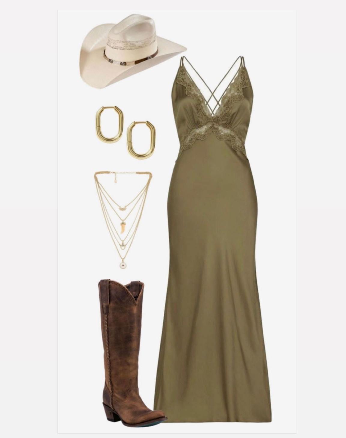 Cowgirl chic 💫🥂💚🍸👢🕊️🫒
#Itkcowgirlchic #Itkcowgirl #Itkcountry #Itkcountrychic
#cowgirlboots #boots #Itkwestern #countryconcert #countrychic
#olive #olivegreen #slipdress

Slip dress: (sold out) Garmentory: Sage | Triangle slip dress 

Hat: (couldn’t tag product) Bootbarn: Justin 20X Mesa All Around Straw Cowboy Hat | $49.99

Necklace: (sold out) Revolve: 8 Other Reasons  Western Layered Necklace in Brass | $42

Find similar products below 👇🏼✨

#LTKShoeCrush #LTKSeasonal #LTKStyleTip