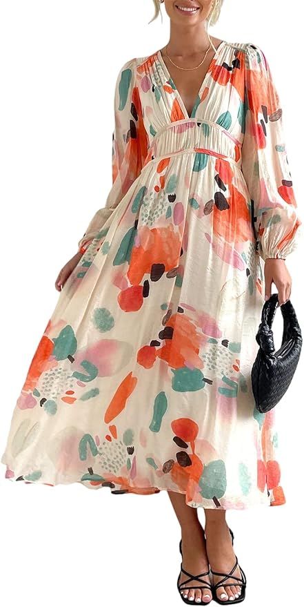 Sissyaki Women's Long Sleeve Boho Floral Maxi Dress Smocked Beach Flowy Dress | Amazon (US)