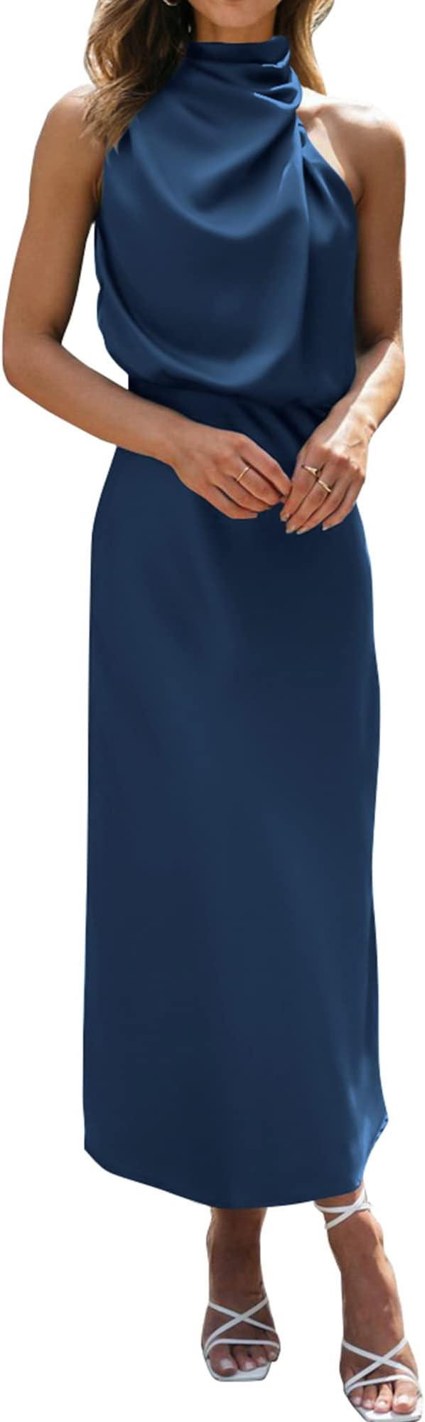 BTFBM Mock Neck Cocktail Dresses For Women,Satin Silk,Sleeveless,Wedding Guest Maxi Dress,Summer ... | Amazon (US)